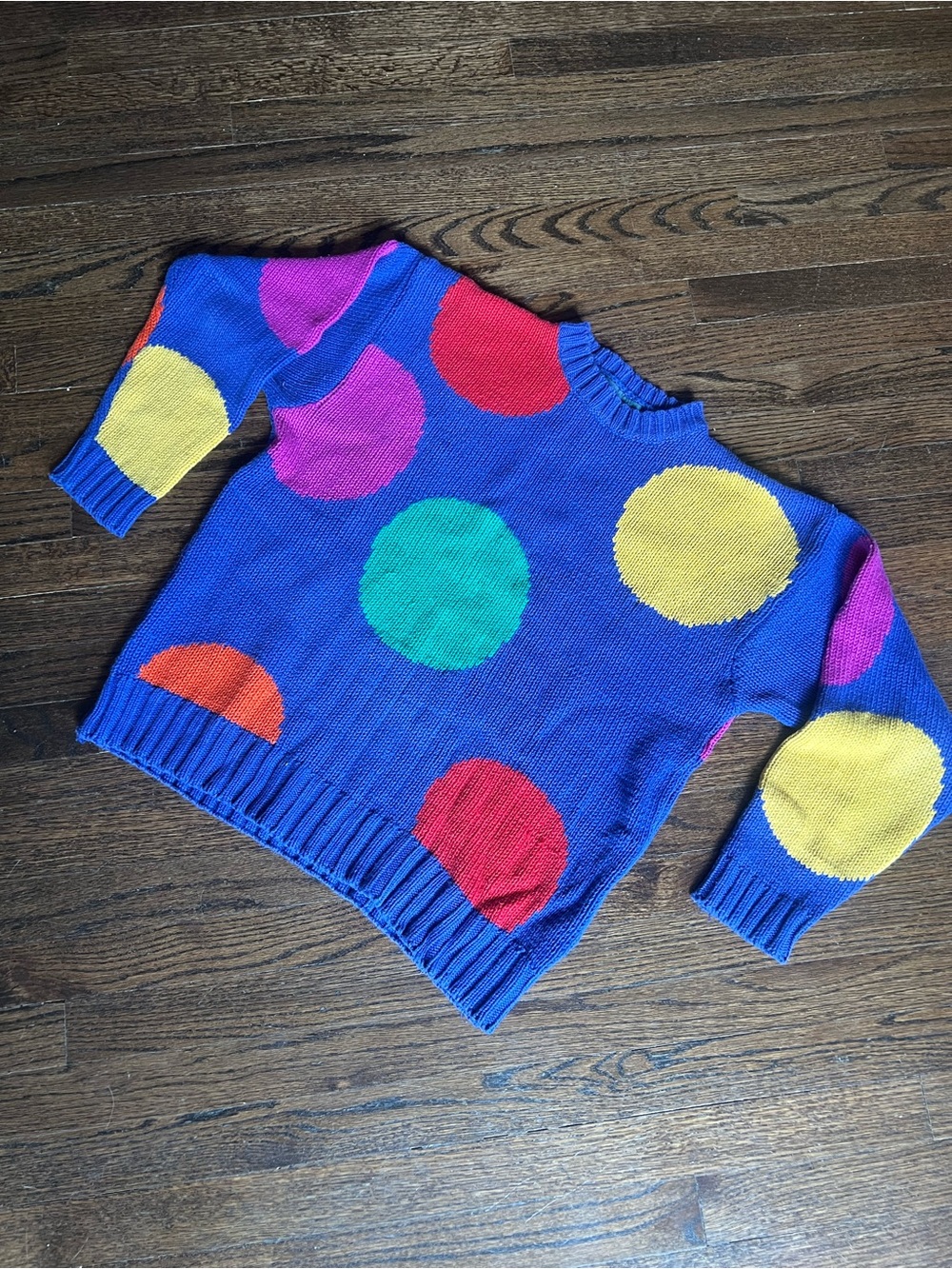 Vintage Lizwear Colorful Blue Violet Polka Dot Crewneck Cotton Sweater Sz L